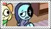 a cartoon character is sitting next to another cartoon character in a stamp .
