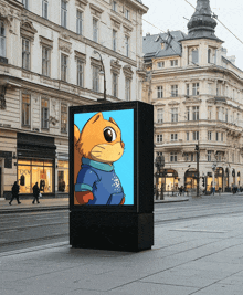 a cartoon cat is on a billboard on the sidewalk