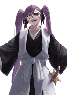 a woman with purple hair and a bandage on her eye is holding a sword