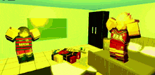 a person wearing a barcha shirt is standing next to a bed
