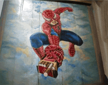 a painting of a spider man holding a box of cigarettes