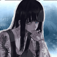 a girl with long black hair has a tattoo on her arm that says ' a ' on it