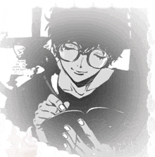 a black and white drawing of a man writing in a notebook