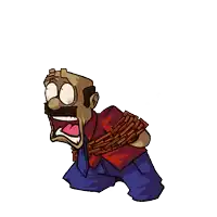 a cartoon of a man tied to a brick wall