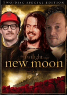 a movie poster for the twilight saga new moon with three men on it