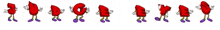 a row of red cartoon characters with purple feet