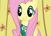 a cartoon of a pony with pink hair and big eyes