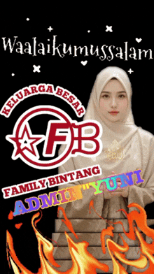 a woman wearing a hijab is standing on a set of stairs with flames behind her
