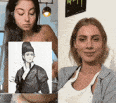 two women are standing next to each other with a drawing of a man in a kimono on the left .