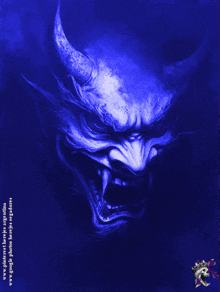 a drawing of a devil 's face with horns and teeth is on a green background