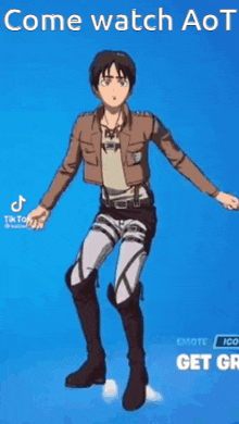 a cartoon character is standing on a blue background and says come watch aot
