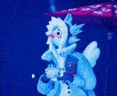 a snowman holding a pink umbrella and a cup of coffee