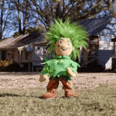 a stuffed toy with green hair and a leaf on his head