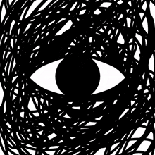 a black and white drawing of an eye in the middle of a maze