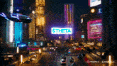 a futuristic city with a sign that says theta