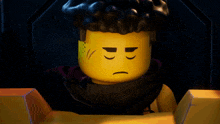 a close up of a lego character 's face with a serious look on his face