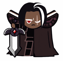 a cartoon character is holding a sword with a red eye