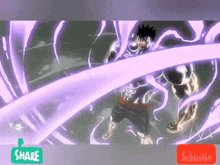 a video of a man with a purple beam coming out of his hand and a share button below him