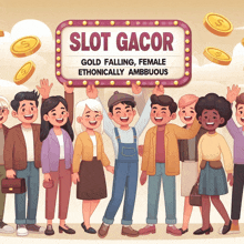 a group of people are standing under a sign that says slot gacor