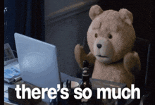a teddy bear sitting in front of a laptop with the words " there 's so much " above him