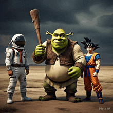 shrek holding a broom next to an astronaut and a cartoon character