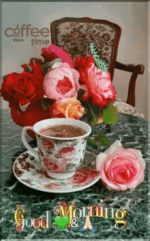 a cup of coffee sits on a saucer next to a bouquet of pink roses on a table ..
