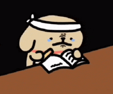a cartoon dog with a headband on reading a book .