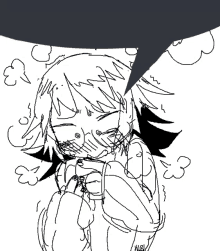 a black and white drawing of a girl with a speech bubble in the background .
