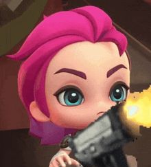 a cartoon character with pink hair holding a gun
