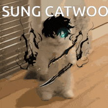 a cat with a sword and the words sung catwoo