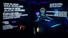 a screen displays the names of the lead 3d artist and senior 3d artist