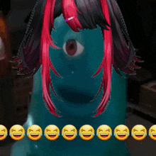 a cartoon character with one eye and red hair is surrounded by laughing and crying emojis