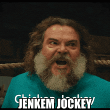 a man with a beard is screaming with the words jenkem jockey above him