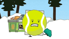 a cartoon drawing of a tennis ball with a sad face standing in front of a dumpster that says 5 / 10
