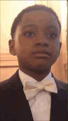 a young boy in a tuxedo and bow tie