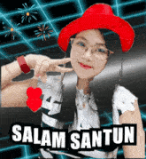 a woman wearing glasses and a red hat with the words salam santun on the bottom