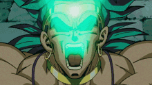 a close up of a cartoon character with a green light coming out of his eyes