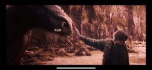 a man reaches out to touch the nose of a dragon with the letters rgb visible in the corner