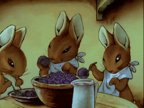 The sisters stain their aprons with berries