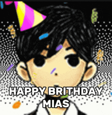 a cartoon character wearing a party hat says happy brithday mias