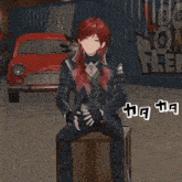 a girl with red hair is sitting on a box in front of a sign that says ' lock on fleet '