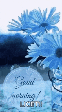 a good morning greeting card with blue daisies in a glass vase .
