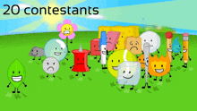 a group of cartoon characters are standing in a field with the words 20 contestants written above them