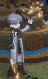 a person is holding a sparkler in their hand in front of a cake .