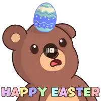 a teddy bear with an easter egg on its head and the words happy easter