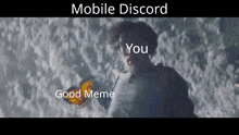 a man holding a butterfly in front of a cloudy sky with mobile discord written above him