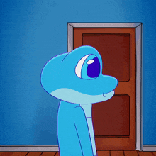 a blue cartoon character is standing in front of a brown door