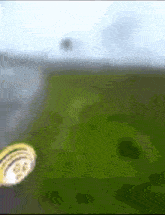 a blurred image of a green field with a coin in the foreground that says ' sd ' on it