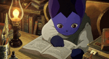 a blue cat is reading a book in front of a lamp that says ' encyclopedia ' on it