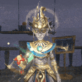 a statue of a man with a crown on his head is holding a fan